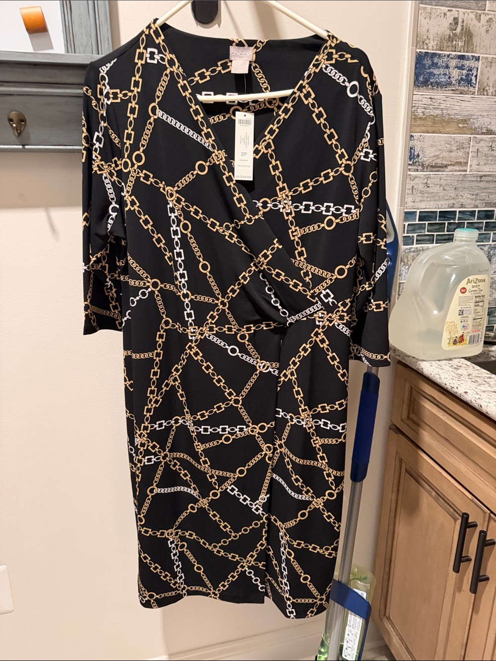 Chico's Black Chain-Print Faux-Wrap Midi Dress
